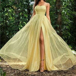 Strapless Sweetheart Yellow Tulle Ball Gown with Swiss Dots